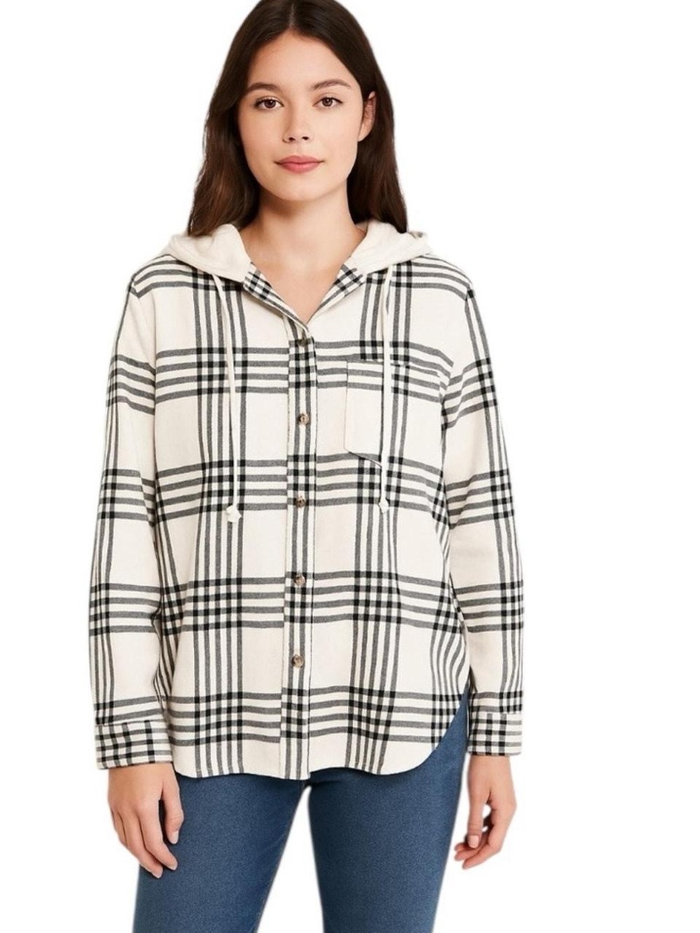 American Eagle Outfitters Cream Plaid Hooded Flannel Shirt